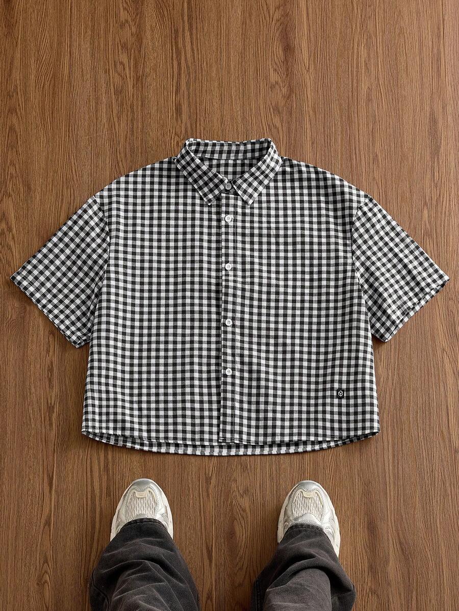 SWAVVY 1pc Men Y2K Clothes Funny Casual Fit High Street Vintage Style Plaid Cropped Shirts Back To School Fall Clothes Halloween Clothes Men Checkered Button Up Shirt Men Cropped Shirt Short Sleeve Plaid Shirt Men Boxy Shirt Men Street Wear Shirt Men Button Up Shirt Checkered Shirt Men Short Sleeve Plaid Shirt - Coffee Brown - View 1