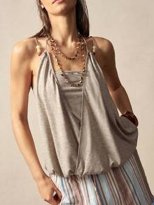Bohemela Damen Sommer Lässig vielseitiges Design, mit Metall Nieten Verzierungen, 2 in 1 farblich abgesetztes Cami Top, auf verschiedene Arten zu tragen, Urlaub, geeignet für Lässig Ausflüge, Party Top, Strand, Grafik T-Shirt, Alltag, Rave Festival, Sommer für Frauen, Ausgehoberteil - Khaki - Übersicht 3