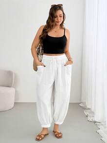 Shapeblank 大码女装春夏时尚休闲宽松舒适日常百搭白色亚麻弹力腰带口袋灯笼裤，夏季服装，女式下装，度假装 - 白色 - 查看 6