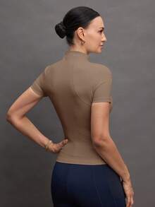 Activina 女士纯色拉链短袖马术上衣 - 卡其色 - 查看 7