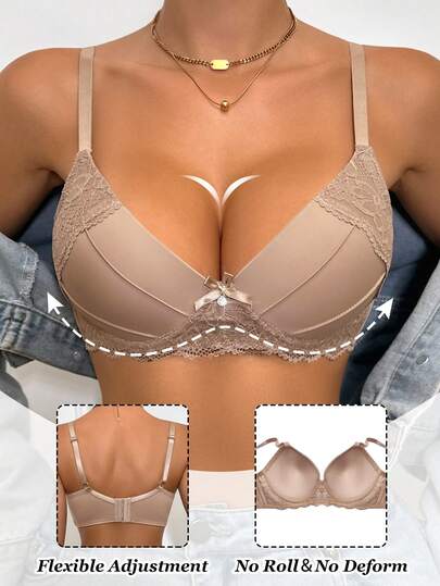 DesireSculpt Women's Comfortable Solid Flower Lace Scallop Trim Border Bow Tie Ornament Sexy Basic Spaghetti Strap Wire-Supported Lift & Instantlift Bra