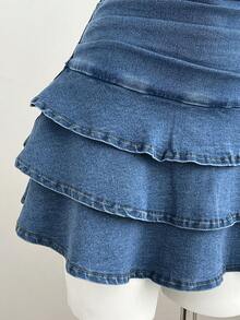 Elamini Y2K Fashion Casual Sexy V-Neck Ruffle Trim Denim Dress - Medium Wash - View 5