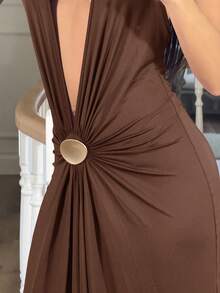Ronhire Solid Color Knit Halter Backless Dress For Women, Sexy Christmas Outfit, Women's New Year's Eve Clothes, Thanksgiving Outfit, Elegant Party Dress, Graduation, Prom, Luxury Evening,Dresses For Women Elegant,New Year Dress ,Elegant Party Dresses,Party Dresses For Women,Dresses For Women Party - Brown - View 6
