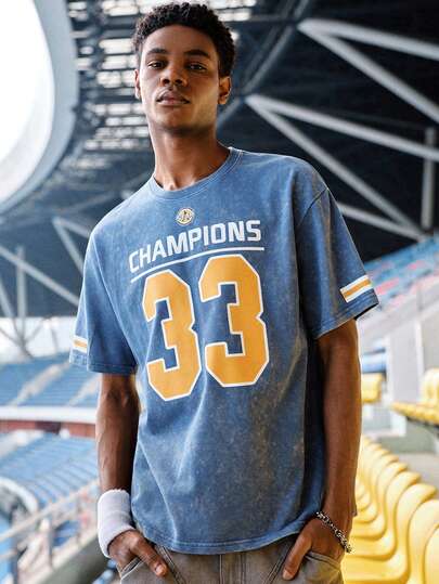 EVRINFINITE Shwiy 男士水洗复古效果学院风运动33数字印花短袖T恤，简约图案T恤，适合日常休闲穿着，黑色