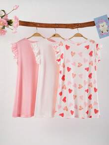 3件套 女童舒适时尚爱心印花短袖荷叶边休闲睡衣家居服套装，春夏款 - 粉色 - 查看 2