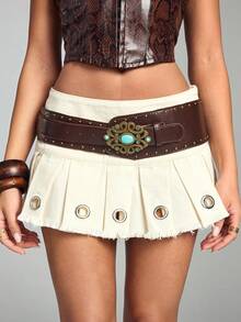 ROMWE Hippie Women's Western Style Frayed Hem Pleated Denim Mini Skirt - Khaki - View 5