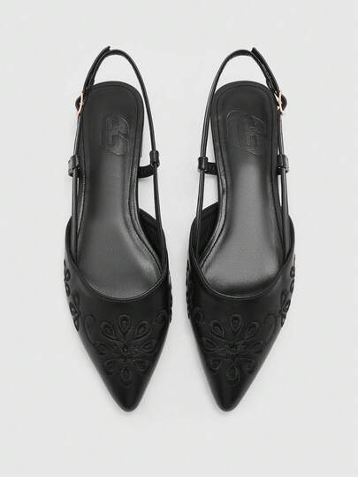 CUCCOO BIZCHIC New Black Embroidered Flat Heel Shoes, Women's Fashion Pointed Toe Backless Flats