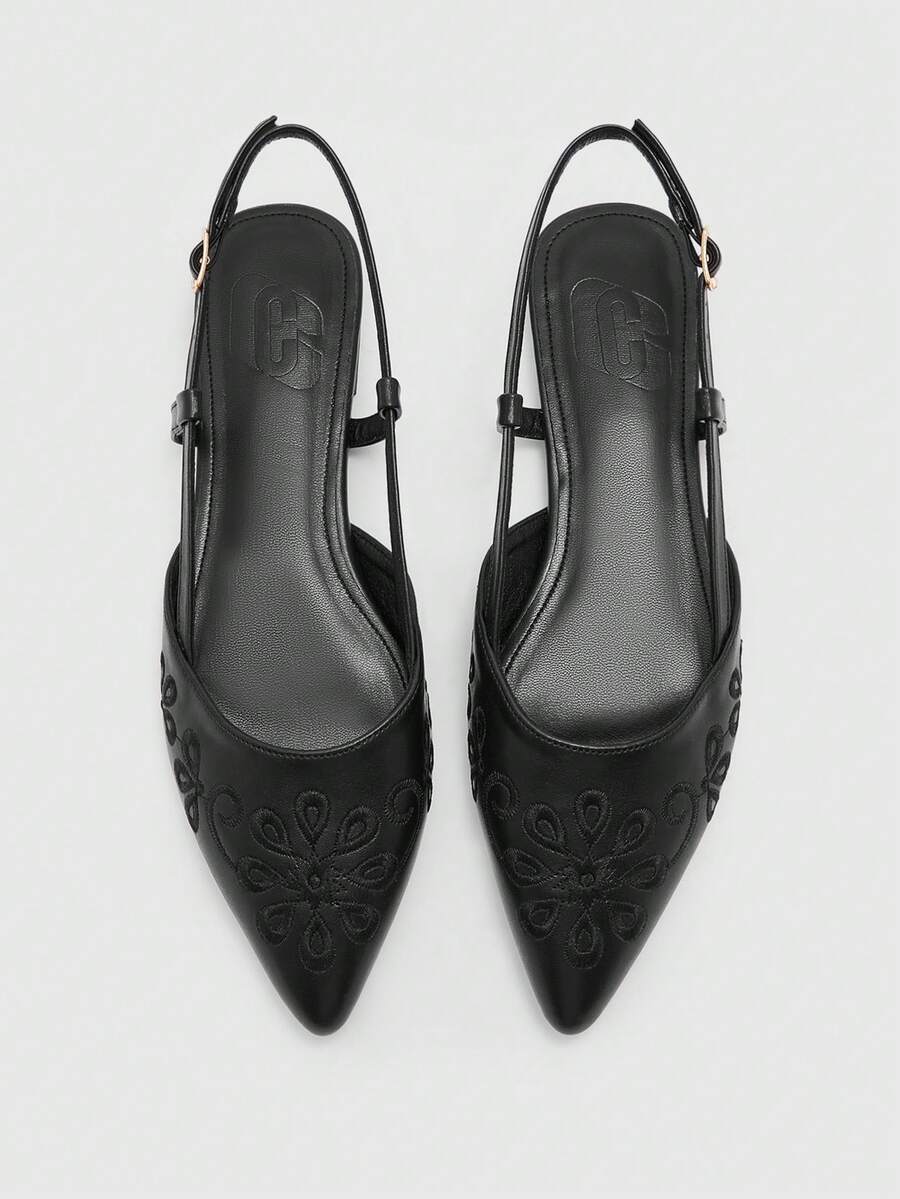 CUCCOO BIZCHIC New Black Embroidered Flat Heel Shoes, Women's Fashion Pointed Toe Backless Flats - Black - View 1