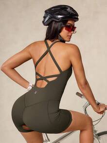 OutZeal Women Sports Jumpsuit Cycling Gym Outfit Tummy Control Sweat Wicking Bra-In Backless Design - Army Green - View 10