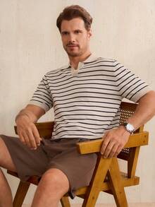 Manfinity CityGents 男士休闲通勤条纹短袖针织衫，春夏款 - 杏色 - 查看 6
