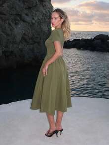 Turnttoni Black Herringbone Print Mid-Length Dress,Sun Dress - Army Green - View 5