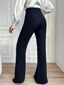 EURMUSE Ladies' Solid Color Double Breasted Flared Pants - Navy Blue - View 2
