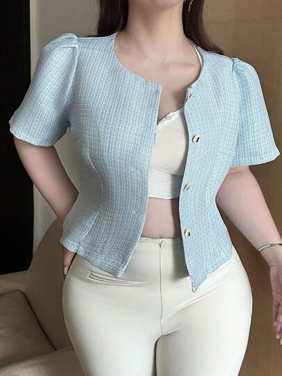 Vibekara Plus Size Elegant Commuter Petal Sleeve Cinched Waist Jacket, Summer