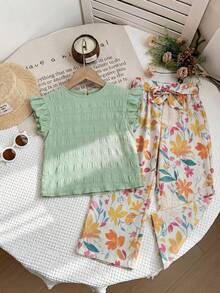 LMoss Kids LMoss 女童两件套：针织纯色荷叶边领上衣和梭织碎花宽松裤 - 粉色 - 查看 6