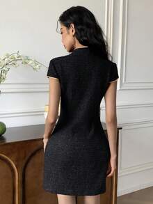 EastFlair Vestido ajustado con estilo chino elegante y dividido para mujer, de verano - Negro y oro - Ver 6