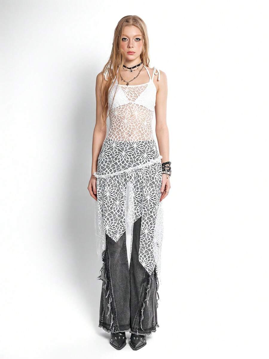 Bloopia 女士时尚白色蕾丝针织连衣裙 - 白色 - 查看 1