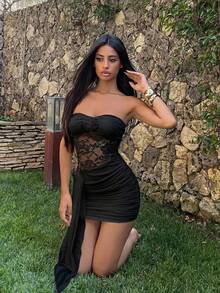Ronhire Đầm ôm body màu trắng thanh lịch quyến rũ cho nữ, phối ren, họa tiết hoa 3D, trang trí bãi biển - màu đen - Xem 6