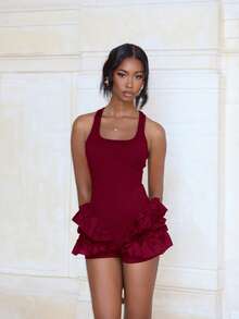 Mima John Women's Retro Chic Solid Color Minimalist Sleeveless Jumpsuit, Everyday Wear - Burgundy - View 6