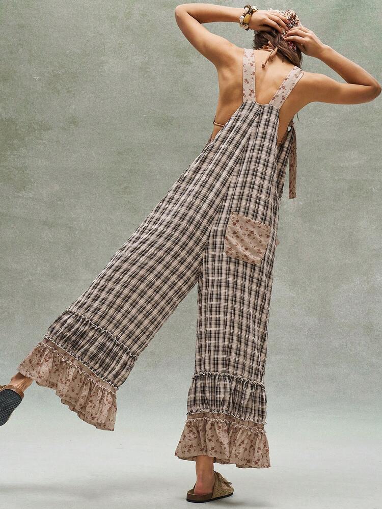 Bohemela Peto holgado informal de mujer con parche de cuadros, volantes en el bajo y diseño suelto - Negro - Ver 7