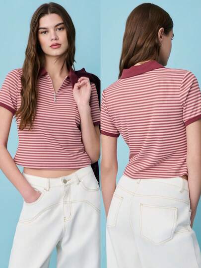 Nöista 修身酒红色条纹Polo衫。领口和袖口采用撞色设计，前拉链开合。适合春夏穿着，休闲百搭。