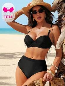 Swim DD+ Women's Nylon Solid Color Sexy Push-Up Underwire DD+ Bikini Set With Metal Shaped Ring Strap Connection, Spring/Summer - Black - View 6