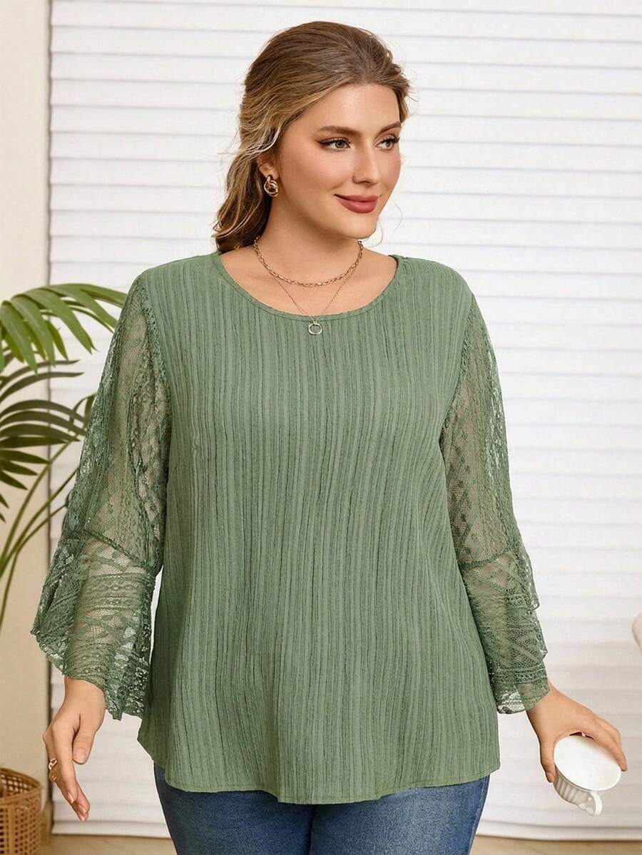 Rosumi Blusa elegante de talla grande para mujer con parches de encaje en unicolor - Verde - Ver 1