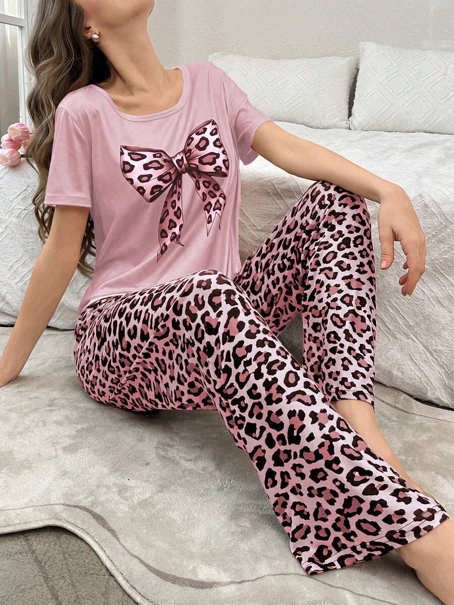 Leopard Print Bow Decor Short Sleeve & Pants Women Pajama Set - Pink - View 1