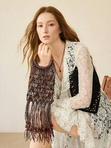 MOTF PREMIUM BOLSO DE MANO CON TRENZAS Y FLECOS PARA VACACIONES DE MUJER - Beis - Ver 7