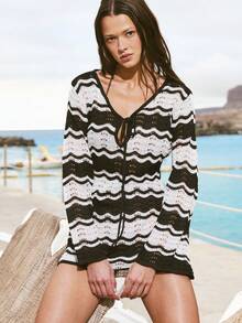 Nöista Women's Hollow Wave Striped Front Tie Cover Up Dress, Vacation - Black and White - View 4