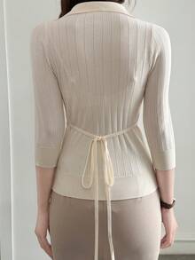 DAZY Niche Design Turndown Collar Fitted Mid-Sleeve Knit Sweater, Women's Fitted Knit Top - Beige - View 6