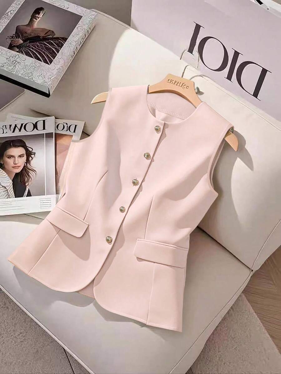 GlowEve Women's Elegant Solid Color Sleeveless Blouse For Commuting, Summer - Pink - View 1