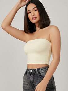 SHEIN BASICS Women's Solid Color Cropped Fitted Fashionable Bandeau Top Strapless Top Cute Tube Tops Summer Clothes Tube Top,Summer Top - Apricot - View 4
