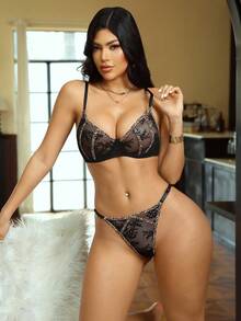 2pcs Women's Leopard Print Lace Patchwork Underwire Bra Set - Black - View 5