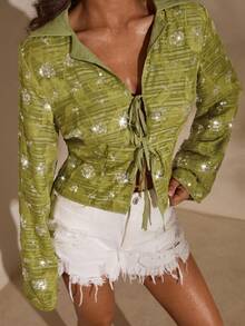 SHEIN Glamour Women's V-Neck Tie Front Casual Versatile Daily Wear Shirt - Green - View 6