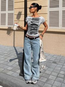 Muchica 二合一针织女式95%棉休闲镂空字母印花短袖T恤，夏季外出上衣，露脐短袖T恤，女士休闲上衣，女士夏季性感上衣 - 彩色 - 查看 3