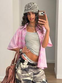 SHEIN EZwear Women Light Pink Striped Graphic Letter Print Woven Dropped Shoulder Short Sleeve Summer Button Up Shirt,Streetwear City Break Loose Casual Blouse - Pink - View 3