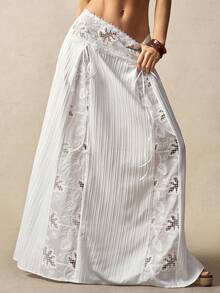 Bohemela Fustă albă extra lungă pentru femei, vară, vacanță, eleganță romantică, plajă franceză, stil boem, country, festival de muzică, brodat, dantelă, patchwork, țesut jacquard, vară pentru femei, stil liber și relaxat, plajă, vacanțe de vară, petrecere - alb - Vizualizare 4