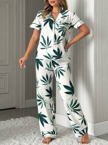 SHEIN All Over Leaf Print Contrast Binding Short Sleeve Button Front Pajama Set With Drawstring Waist Pants Women's Summer Loungewear - Green - View 6