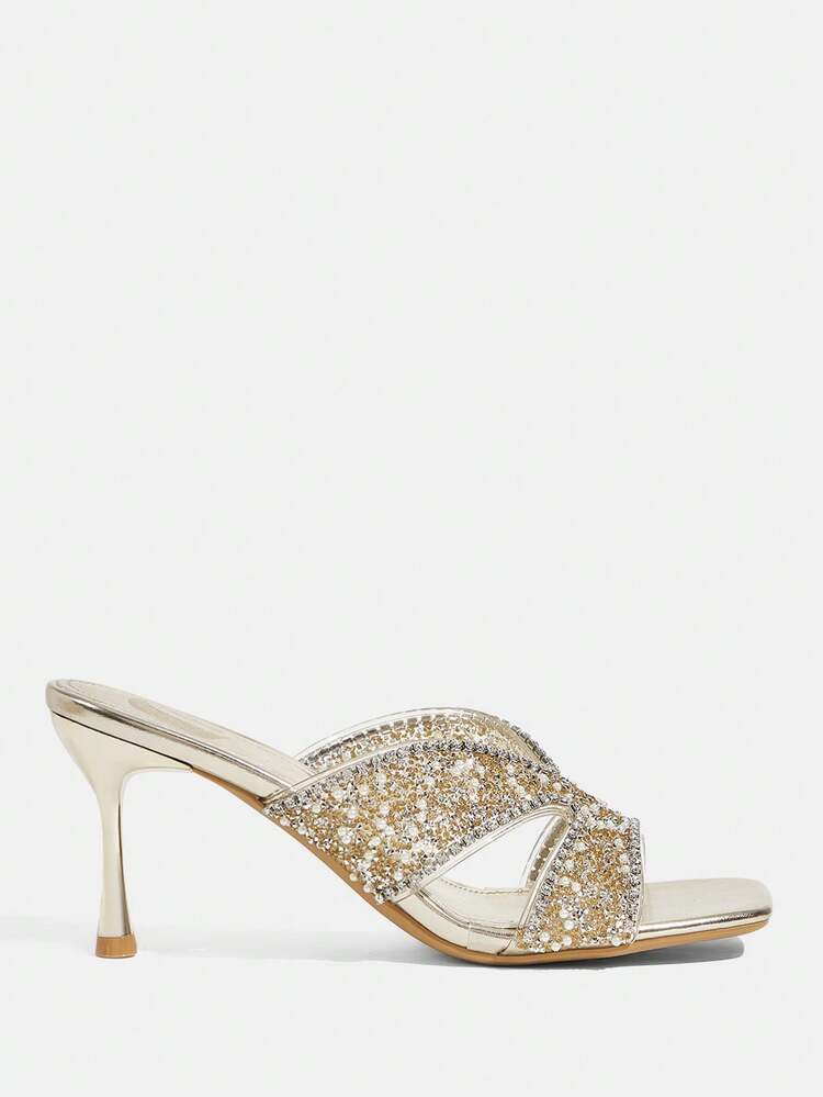 CUCCOO TILAWA Women Shoes Square Toe Slender Heel Gold Transparent Film Rhinestones Sexy Fashion Elegant Gorgeous Women's High Heel Sandals Slippers With Skirts Daily Versatile Banquet Party Women's Sandals