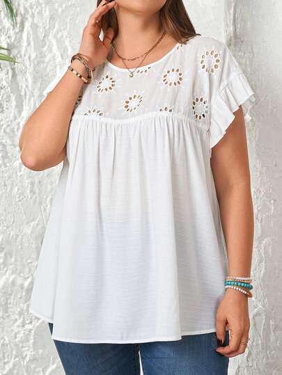 EMERY ROSE Blusa blanca casual de talla grande para mujer con mangas con volantes, parches y bordados para primavera/verano