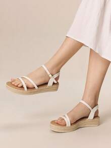 Styleloop Giày sandal đế xuồng cao gót cho nữ, chất liệu vải dệt, gót dây thừng, thiết kế quai ngang, phụ kiện không thể thiếu cho kỳ nghỉ, phong cách bohemian, lễ hội âm nhạc, tiệc tùng, phong cách retro Mỹ, trang phục du lịch, vật dụng cần thiết khi đi du lịch. - Màu trắng 1 - Xem 6