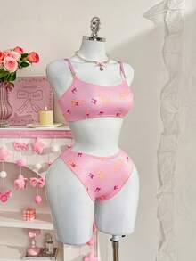 PetitDoll 2pcs Women Printed Minimalist Everyday Fashionable Lingerie Set - Pink - View 9