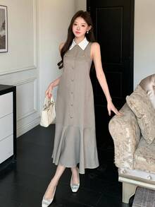 DAZY Women's Elegant Commuter Houndstooth Sleeveless Mid-Length Dress, Summer - Khaki - View 1