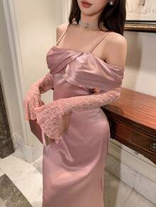 DAZY Women's Elegant Lace Patchwork Off Shoulder Mid-Length Dress, Suitable For Spring & Summer Sun Dresses For Women - Pink - View 6