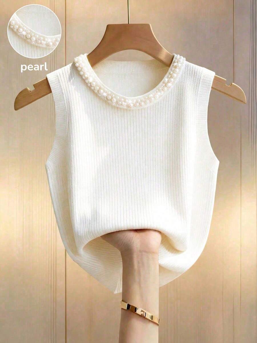 Franclia New Sleeveless Beaded Knit Camisole Top, White, Spring/Summer Layering White Knit Top Pearl Top Summer Tops Women White Sleeveless Top Knit Top Women Pearl Embellished Top Sleeveless Women Tops - White - View 1