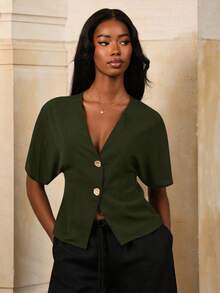 Mima John Elegant Bat Wing Sleeve Double-Breasted Buttoned Solid Color Casual Shirt - Army Green - View 6