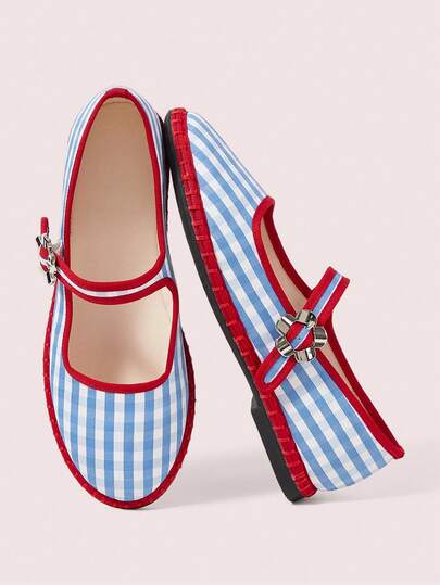 CUCCOO DOLLMOD Women's Shoes Classic Blue Plaid Contrasting Edge Single Strap Flats Valentine's Day