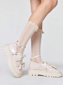 ROMWE Kawaii 女士斜跟厚底鞋 暗黑摇滚朋克哥特风鞋 闭趾玛丽珍小皮鞋 白色蝴蝶结学院风日系JK鞋 系带交叉绑带裙装鞋 - 米白+珍珠皮帶扣 - 查看 2