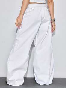 ROMWE Avant Low-Waist Embroidered Tie-Up Wide-Leg Flared Jeans - White - View 5