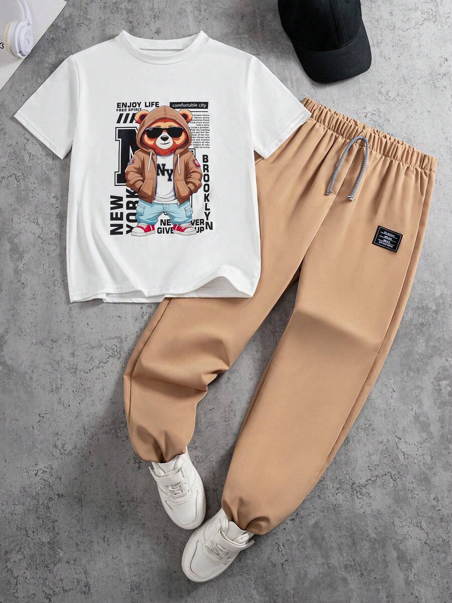 2pcs/Set Boys' Graphic Round Neck T-Shirt And Casual Sports Pants, Summer - Khaki - View 1